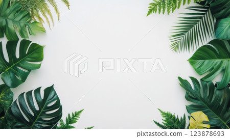 A vibrant tropical leaf frame surrounds a blank copyspace. The exotic greenery and organic foliage create a fresh, natural border, ideal for advertising, branding, and web design. 123878693