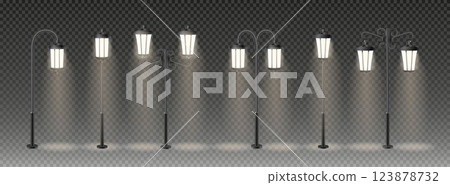 3d vector Modern and vintage city street lights row working at night. Urban electrical lightning system. Glowing retro lampposts 123878732