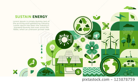 Green energy, sustain environment vector illustration. Ecology icons, recycle energy technology concept for eco friendly background. Save planet banner design in flat modern style, geometric shape 123878759