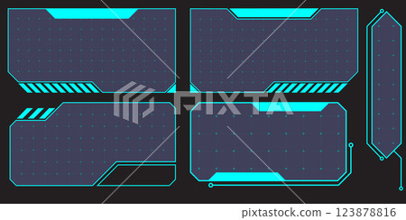 HUD digital futuristic user interface horizontal frame. Sci Fi high tech screen. Cyberpunk game menu touching monitoring hologram dashboard panel. Cyberspace head-up display information vector border HUD digital futuristic user interface horizontal frame. Sci Fi high tech screen. Cyberpunk game menu touching monitoring hologram dashboard panel. Cyberspace head-up display information vector border 123878816