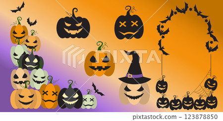Halloween party decoration garland set with bats, pumpkins, witch hat. Cute Jack O Lantern Evil Pumpkin Garland Set for Halloween. Simple banner hanging party classy decor vector element. Halloween party decoration garland set with bats, pumpkins, witch hat. Cute Jack O Lantern Evil Pumpkin Garland Set for Halloween. Simple banner hanging party classy decor vector element. 123878850