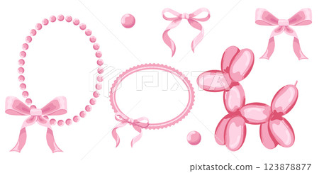 Vector Illustration of 8 pink girly vintage bow set. Bow for hair decor flat. Ribbons isolated. Trendy girls accessories. Cute hairstyle elements collection Vector Illustration of 8 pink girly vintage bow set. Bow for hair decor flat. Ribbons isolated. Trendy girls accessories. Cute hairstyle elements collection 123878877