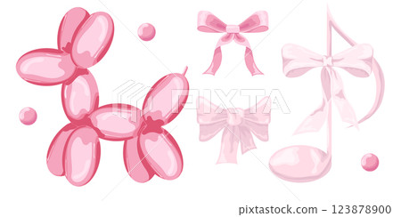 Vector Illustration of pink girly vintage bow, note and balloon dog set. Ribbons isolated. Trendy girls accessories. Cute hairstyle elements collection Vector Illustration of pink girly vintage bow, note and balloon dog set. Ribbons isolated. Trendy girls accessories. Cute hairstyle elements collection 123878900