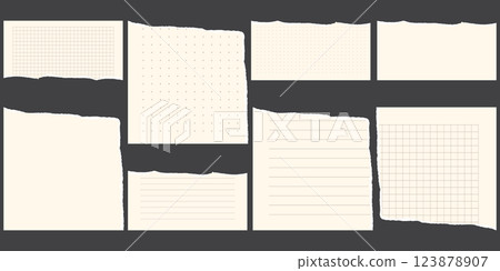 Paper scraps. Torn pieces of paper, with torn edges for notes, realistic torn pieces of blank note pages. Vector illustration isolated Paper scraps. Torn pieces of paper, with torn edges for notes, realistic torn pieces of blank note pages. Vector illustration isolated 123878907
