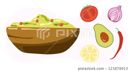 Guacamole sauce in the bowl and ingredients. Healthy organic food concept with vegetables. Hand drawn illustration Guacamole sauce in the bowl and ingredients. Healthy organic food concept with vegetables. Hand drawn illustration 123878913