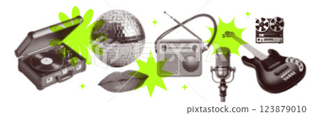 Vintage music collection with retro radio, vinyl player, mike, recorder isolated on transparent background, dotted halftone collage cut-out retro technology disco elements. Vector 123879010