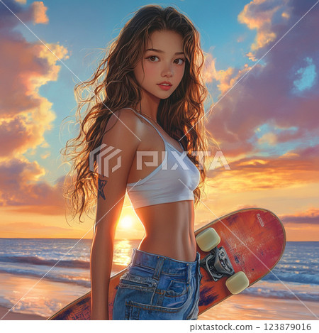 CG0867V7_滑板女孩_真實日落海灘 1 123879016