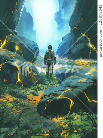 Man Walking Through a Glowing Rock Canyon on a Journey 123879042