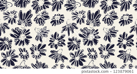 Seamless pattern with black and white hand drawn loose abstract flowers Seamless pattern with black and white hand drawn loose abstract flowers 123879061