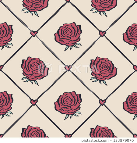 Seamless pattern with hand drawn red rose flowers inside trellis Seamless pattern with hand drawn red rose flowers inside trellis 123879070