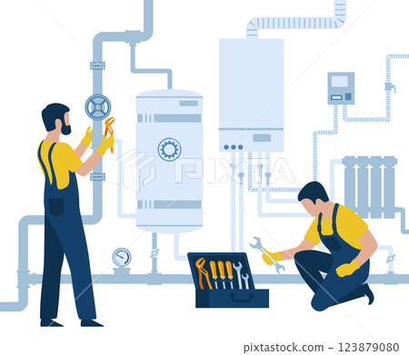 Plumber service, heating company technicians using tools. Home heating system. Home repair, maintenance and plumbing services 123879080