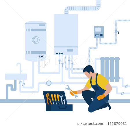 Plumber service, heating company technicians using tools. Home heating system. Home repair, maintenance and plumbing services 123879081