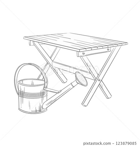 Aluminum watering can near a folding wooden table. Clean vector line garden illustration. Great for spring gardening, outdoor furniture, and rustic home decor, seasonal summer countryside themes. Aluminum watering can near a folding wooden table. Clean vector line garden illustration. Great for spring gardening, outdoor furniture, and rustic home decor, seasonal summer countryside themes. 123879085