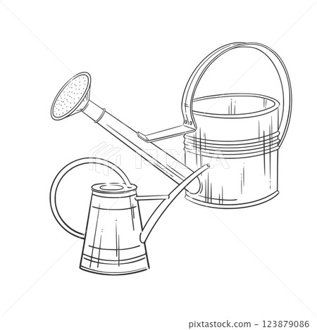 Aluminum vintage watering cans. Minimalist vector line illustration. Perfect for gardening, spring planting, sustainable farming themes. Ideal for rustic and eco-friendly design, seasonal summer decor Aluminum vintage watering cans. Minimalist vector line illustration. Perfect for gardening, spring planting, sustainable farming themes. Ideal for rustic and eco-friendly design, seasonal summer decor 123879086