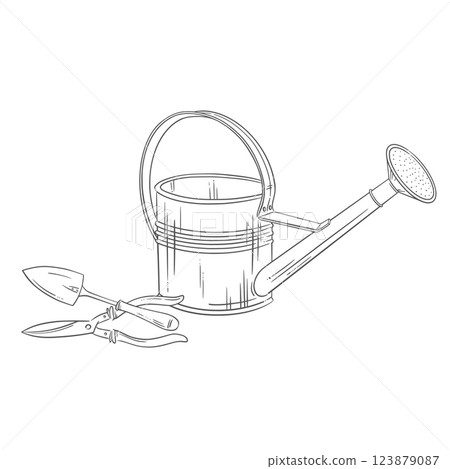 Watering can, trowel, pruning shears. Vector hand-drawn illustration. Ideal for gardening, spring planting, and eco-friendly themes. Perfect for sustainable, rustic visuals, summer design and decor 123879087