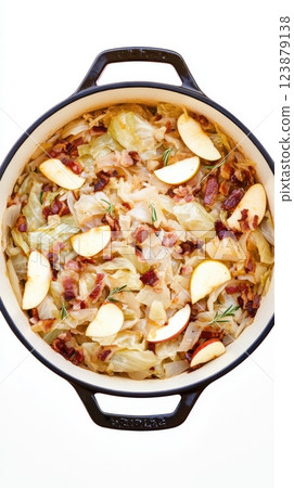 braised cabbage with organic apples, bacon, and onions in dutch oven, isolated on white background, rustic homemade dish, savory and sweet flavors, comforting traditional meal 123879138