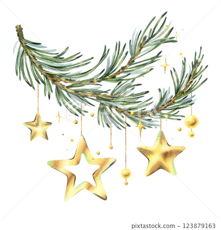 Golden Christmas stars and beads hanging on pine branches with sparkling stars. New Year, Christmas watercolor illustration hand drawn. Composition, sublimation, arrangement isolated from background Golden Christmas stars and beads hanging on pine branches with sparkling stars. New Year, Christmas watercolor illustration hand drawn. Composition, sublimation, arrangement isolated from background 123879163