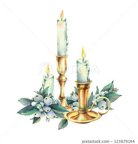 Burning white candles in vintage brass candlesticks, decorated with snowberry branches. New Year, Christmas watercolor illustration, hand-drawn. Composition, arrangement, sublimation isolated Burning white candles in vintage brass candlesticks, decorated with snowberry branches. New Year, Christmas watercolor illustration, hand-drawn. Composition, arrangement, sublimation isolated 123879164