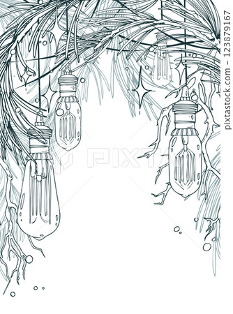 Retro Edison bulbs hanging with pine branches with stars and lights. Line art hand-drawn illustration in black and white ink. Template, frame, decorative framing vector EPS. Christmas New year 123879167