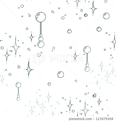 Pendants gold with beads of different sizes, scattering of sparkling stars. Christmas, New Year, winter Line art is a simple hand-drawn illustration in black and white ink. Seamless pattern vector EPS 123879168
