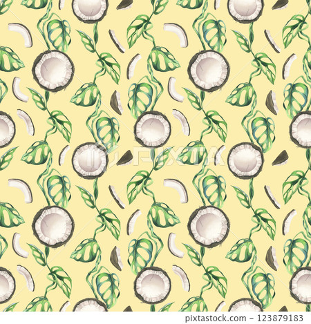 Coconuts whole, halves and pieces with bright, green, tropical palm leaves and yellow plumeria flowers. Hand drawn watercolor illustration. Seamless pattern on a yellowbackground Coconuts whole, halves and pieces with bright, green, tropical palm leaves and yellow plumeria flowers. Hand drawn watercolor illustration. Seamless pattern on a yellowbackground 123879183