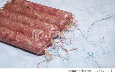 Homemade sausages with natural or synthetic casings. Homemade sausages with natural or synthetic casings. 123879201