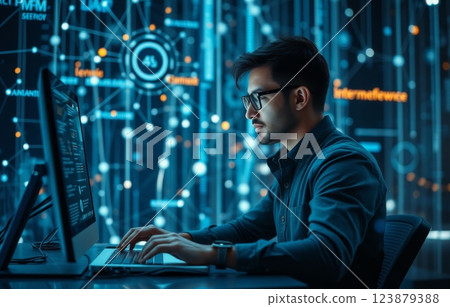 Man works at a computer in the data center. 123879388