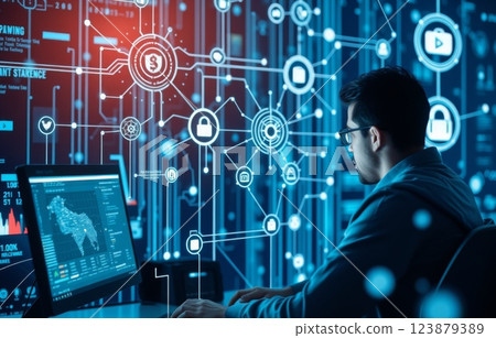 Man works at a computer in the data center. 123879389
