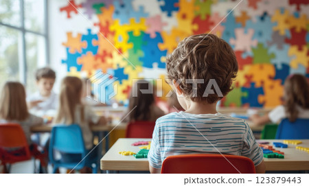 Children are sitting at their desks in a preschool classroom in a kindergarten decorated with multicolored jigsaw puzzles. World Autism Awareness Day 123879443