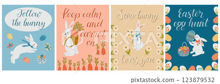 Set of four Easter posters with cute white bunnies Set of four Easter posters with cute white bunnies 123879532