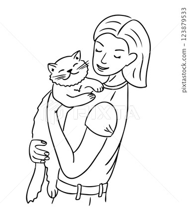 Line drawing of a happy woman with cat 123879533