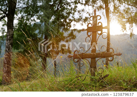 Old rusty cross at old abandoned cemetery 123879637