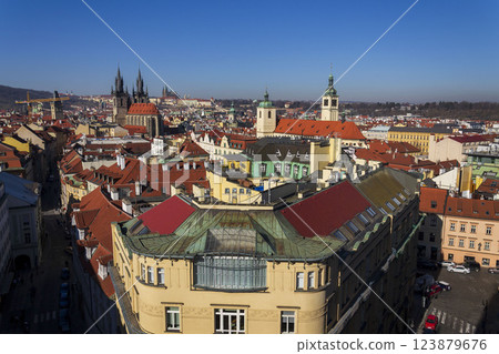 Gothic Church of Our Lady before Tyn with St. Vitus Cathedral and Prague Castle in background, Prague, Czech Republic, sunny day Gothic Church of Our Lady before Tyn with St. Vitus Cathedral and Prague Castle in background, Prague, Czech Republic, sunny day 123879676