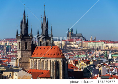 Gothic Church of Our Lady before Tyn with St. Vitus Cathedral and Prague Castle in background, Prague, Czech Republic, sunny day Gothic Church of Our Lady before Tyn with St. Vitus Cathedral and Prague Castle in background, Prague, Czech Republic, sunny day 123879677