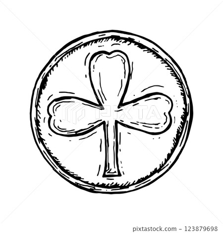Hand-drawn black and white illustration of a round coin with a three-leaf clover. A symbol of good fortune, ideal for Irish-themed designs, St. Patrick s Day, lucky charms, and folklore projects Hand-drawn black and white illustration of a round coin with a three-leaf clover. A symbol of good fortune, ideal for Irish-themed designs, St. Patrick s Day, lucky charms, and folklore projects 123879698