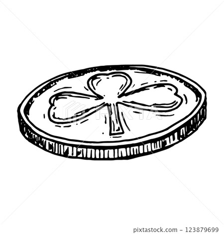 Black and white hand-drawn illustration of a lucky coin featuring a three-leaf clover. Perfect for St. Patrick s Day, Irish folklore, fortune symbols, gambling themes, and lucky charm designs Black and white hand-drawn illustration of a lucky coin featuring a three-leaf clover. Perfect for St. Patrick s Day, Irish folklore, fortune symbols, gambling themes, and lucky charm designs 123879699