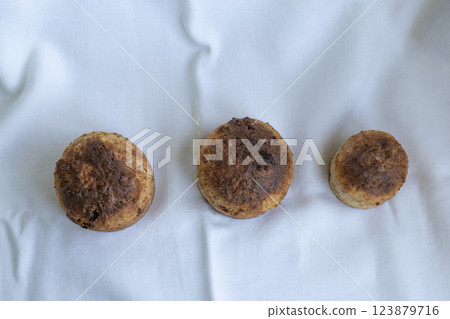 three Easter cakes made from whole wheat flour, top view three Easter cakes made from whole wheat flour, top view 123879716