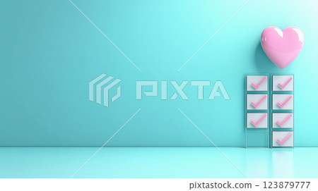 Pink heart and checkmarks on blue background with empty space. Wedding planning, dating, romantic relationships concept 123879777