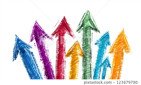 Colorful upward arrows in crayon style on white, symbolizing growth and progress. 123879780