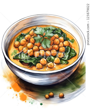 A bowl of chickpea curry with spinach, garnished with fresh cilantro 123879822