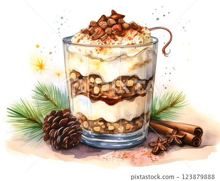 Watercolor illustration of a layered dessert parfait in a glass, garnished with spices and festive greenery 123879888