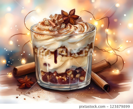 A festive layered dessert in a glass, topped with whipped cream, spices, and star anise, amidst a warm, celebratory setting 123879899