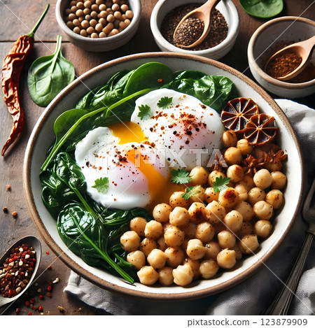 A bowl of chickpea salad with spinach and poached eggs, garnished with spices and fresh herbs 123879909