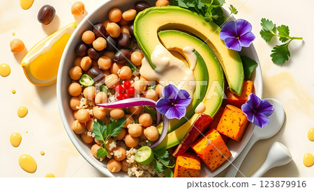A vibrant bowl filled with chickpeas, avocado, sweet potato, quinoa, and a creamy dressing, garnished with edible flowers A vibrant bowl filled with chickpeas, avocado, sweet potato, quinoa, and a creamy dressing, garnished with edible flowers 123879916