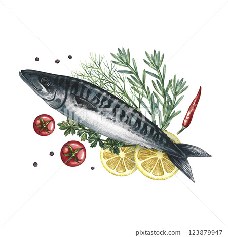 Mackerel with lemon, herbs and tomatoes. A hand-drawn watercolor illustration. A color image of a fish dish. Separate from the background. For menus, recipe books, packages, labels, invitations. 123879947