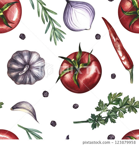 Seamless pattern with vegetables. A hand-drawn watercolor illustration. Color image of tomatoes, garlic, onions, herbs and spices. Great for textiles, kitchen decor, menus, recipe books, packaging. 123879958