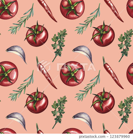 Seamless pattern of tomatoes and spices. A hand-drawn watercolor illustration. Color image of vegetables. On a light red background. Great for textiles, kitchen decor, menus, recipe books, packaging. 123879960