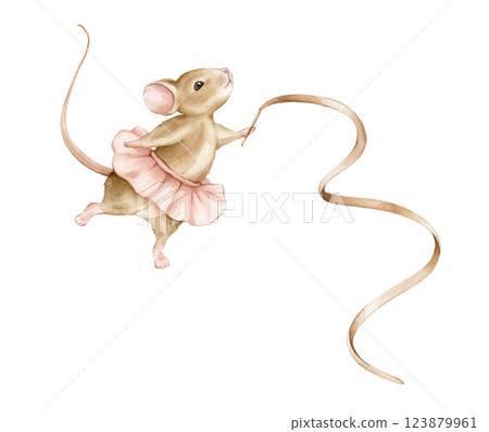 Hand drawn watercolor illustration mouse ballerina with ribbon in a pink tutu . Beige brown animals dancing for girls baby shower card. Cute illustration for childish posters or nursery wall art 123879961