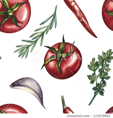 Seamless pattern of tomatoes and spices. A hand-drawn watercolor illustration. A color image with ingredients for ketchup or sauce. Great for textiles, kitchen decor, menus, recipe books, packaging. Seamless pattern of tomatoes and spices. A hand-drawn watercolor illustration. A color image with ingredients for ketchup or sauce. Great for textiles, kitchen decor, menus, recipe books, packaging. 123879962