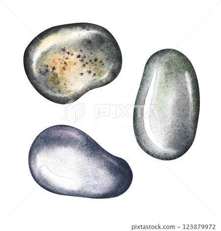 A set with sea stones. A hand-drawn watercolor illustration. Color images of clip art of beach pebbles. Separate from the background. Perfect for packaging, labels, postcards, invitations and more. A set with sea stones. A hand-drawn watercolor illustration. Color images of clip art of beach pebbles. Separate from the background. Perfect for packaging, labels, postcards, invitations and more. 123879972